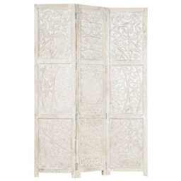 Berkfield Hand Carved 3-Panel Room Divider White 120X165 Cm Solid Mango Wood - thumbnail 6