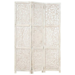 Berkfield Hand Carved 3-Panel Room Divider White 120X165 Cm Solid Mango Wood