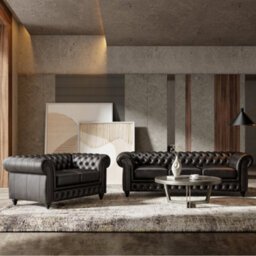 "Valencia Parma Full Aniline Leather Chesterfield 82"" Three Seats Sofa Black Color Hand Made Metal Nail Heads" - thumbnail 2