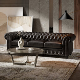 "Valencia Parma Full Aniline Leather Chesterfield 82"" Three Seats Sofa Black Color Hand Made Metal Nail Heads" - thumbnail 5