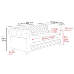 "Valencia Parma Full Aniline Leather Chesterfield 82"" Three Seats Sofa Black Color Hand Made Metal Nail Heads" - thumbnail 3