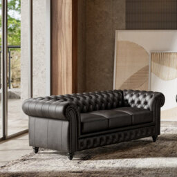 "Valencia Parma Full Aniline Leather Chesterfield 82"" Three Seats Sofa Black Color Hand Made Metal Nail Heads" - thumbnail 4