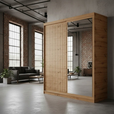 Delia 180 Artisan Sliding Door Wardrobe Modern Design With Mirror And Decorative Slats - image 1