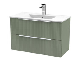 Hudson Reed Fluted Wall Hung 2-Drawer Vanity And Minimalist Basin, Contemporary Sink Vanity Unit, Satin Green, 800mm - thumbnail 1