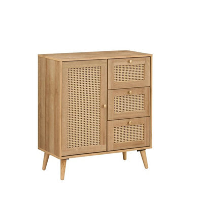 Oak Rattan Compact 1 Door 3 Drawer Sideboard Living Dining Room Furniture - image 1