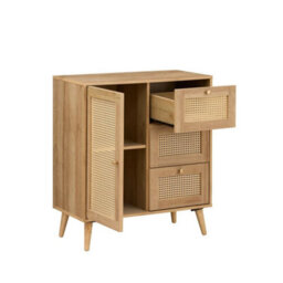 Oak Rattan Compact 1 Door 3 Drawer Sideboard Living Dining Room Furniture - thumbnail 3