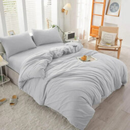 Ameha Plain Dyed Duvet Cover Complete Set With Matching Fitted Sheet & Pillowcase Microfiber King Silver - thumbnail 5