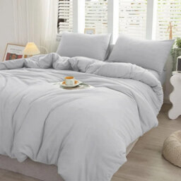 Ameha Plain Dyed Duvet Cover Complete Set With Matching Fitted Sheet & Pillowcase Microfiber King Silver - thumbnail 4