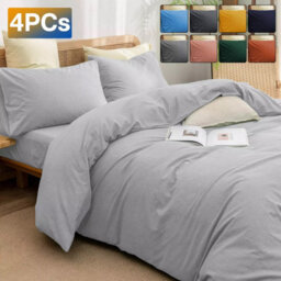 Ameha Plain Dyed Duvet Cover Complete Set With Matching Fitted Sheet & Pillowcase Microfiber King Silver - thumbnail 1