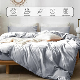 Ameha Plain Dyed Duvet Cover Complete Set With Matching Fitted Sheet & Pillowcase Microfiber King Silver - thumbnail 9