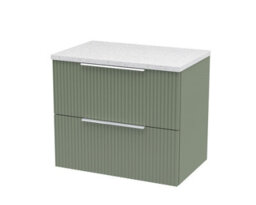 Hudson Reed Fluted Wall Hung 2-Drawer Vanity & Sparkling White Laminate Worktop, Counter Top Vanity Unit In Satin Green, 600mm