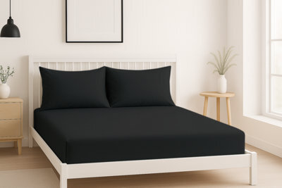 Luxury 200Tc Soft Touch Fitted Sheet Bed Linen 40Cm Extra Deep Skirt Black - image 1