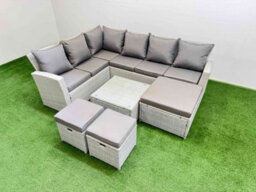 Fimous Outdoor Rattan Garden Furniture Set 9 Seater Corner Sofa Sets With Square Coffee Table 3 Footstools Light Grey Mixed - thumbnail 1