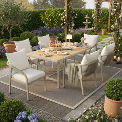 Abrihome Beige 6-Seater Garden Dining Set With Galvanised Iron Frame, Woven Rope Chairs & Plastic Wood Table - image 1