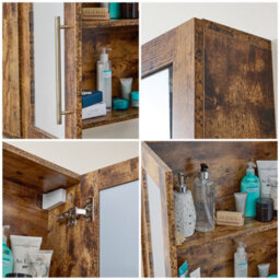 Homestylestore 900 X 650mm Dark Oak Wall Mounted Mirrored Door Bathroom Cabinet And Brushed Brass T Bar Handles - thumbnail 3