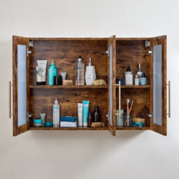 Homestylestore 900 X 650mm Dark Oak Wall Mounted Mirrored Door Bathroom Cabinet And Brushed Brass T Bar Handles - thumbnail 2