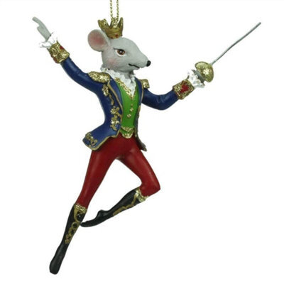 Gisela Graham Christmas Ceramic Nutcracker Rat Tree Decoration With Crown And Gold Hanger, 10 Cm