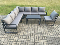 Fimous Aluminium 8 Seater Patio Outdoor Garden Furniture Lounge Corner Sofa Set With Oblong Coffee Table Dark Grey - thumbnail 2