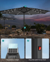 Songmics Parasol, Garden Umbrella, 32 Solar Powered Led Lights, Dual-Tilt System, Outdoor, Without Base, Grey - thumbnail 4