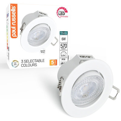 Paul Russells Led Downlight White Dimmable Tilt Recessed Ceiling Spotlight 6W 570 Lumens, Ip44, Colour Changeable Cct3 - image 1