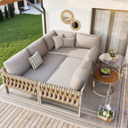 Btm 6 Seater Modular Garden Lounge Set, Adjustable Legs, Removable Cushions, Beige - thumbnail 6