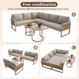 Btm 6 Seater Modular Garden Lounge Set, Adjustable Legs, Removable Cushions, Beige - thumbnail 8