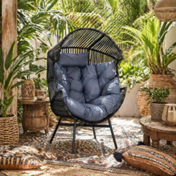 Wyld Haus Lilo Rattan-Style Grey And Black String Egg Chair With Padded Cushion And Headrest - thumbnail 1