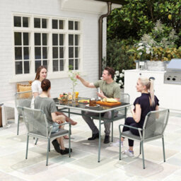 Wyld Haus Rolapa Rattan Rope Grey 5-Piece Outdoor Garden Dining Set With Stackable Chairs And Glass-Top Table - thumbnail 3