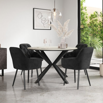 More4Homes Calne Calcutta Gold Ceramic Round Dining Table & 4 Anika Velvet Black Chairs - image 1