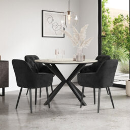 More4Homes Calne Calcutta Gold Ceramic Round Dining Table & 4 Anika Velvet Black Chairs - thumbnail 1