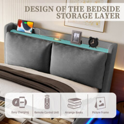 Btm 180X200Cm Upholstered Bed, Led, Usb-C, Storage Shelf, Hydraulic Lift, Linen Headboard - thumbnail 8