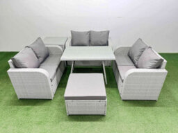 Fimous Rattan Garden Furniture Dining Set 7-Seater Patio Rectangular Table Love Sofa Set With Side Table Big Stool - thumbnail 2
