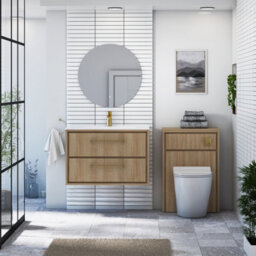 Royal Bathrooms Livora 800mm Natural Oak Wall Hung Bathroom Vanity Unit 2 Drawer With Ceramic Basin & Brushed Brass Handle - thumbnail 3