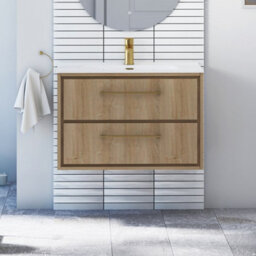 Royal Bathrooms Livora 800mm Natural Oak Wall Hung Bathroom Vanity Unit 2 Drawer With Ceramic Basin & Brushed Brass Handle - thumbnail 1