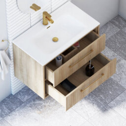 Royal Bathrooms Livora 800mm Natural Oak Wall Hung Bathroom Vanity Unit 2 Drawer With Ceramic Basin & Brushed Brass Handle - thumbnail 4