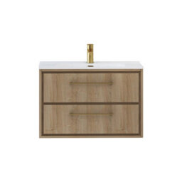 Royal Bathrooms Livora 800mm Natural Oak Wall Hung Bathroom Vanity Unit 2 Drawer With Ceramic Basin & Brushed Brass Handle - thumbnail 5