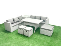 Fimous Rattan Garden Furniture Set 9 Seater Outdoor Sofa Set Dining Table Side Table 3 Stools Light Grey - thumbnail 2