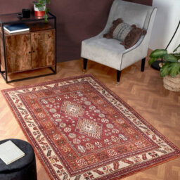 Orange Easy To Clean Bordered Geometrical Traditional Persian Rug For Living Room, Bedroom, Dining Room - 120Cm X 170Cm - thumbnail 1