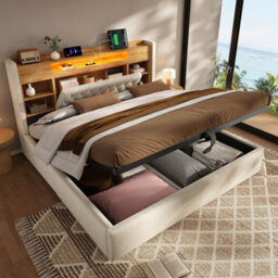 Super King Linen Hydraulic Storage Bed With Led & Charging - thumbnail 1