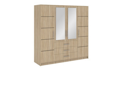 Arte Bali 4-Door Wardrobe - Oak Sonoma Finish With Double Mirrors And Silver Touches - image 1