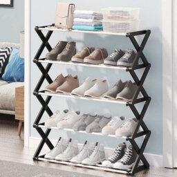 Living And Home Black 5-Tier Foldable Narrow Space Saving Metal Shoe Rack Shoe Storage For 15 Pairs Shoe Organiser