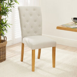 The Furniture Market Bunbury Natural Linen Fabric Button Back Dining Chair Oak Legs Upholstered Seat Sprung & Webbed Base Solid Wood Frame