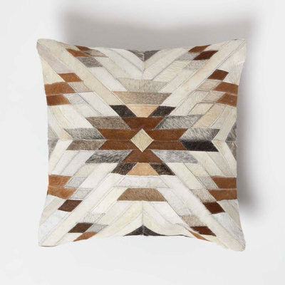 Homescapes Geometric Star Brown & Cream Leather Cushion 45 X 45 Cm - image 1