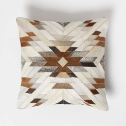 Homescapes Geometric Star Brown & Cream Leather Cushion 45 X 45 Cm