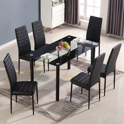 Kitchen Dining Table Set Of 6  Glass Black Clear Dining Table With 6 Black Leather Padded Chairs Furnitur Kosy Koala - image 1