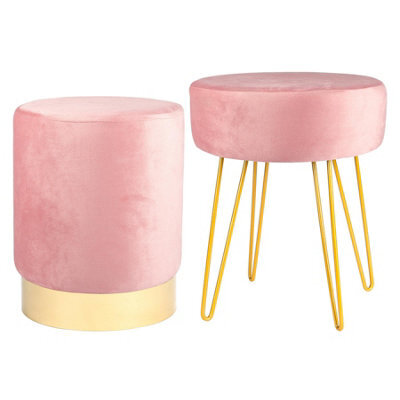 Harbour Housewares 2 Piece Velvet Footstools Set - Pink - Round Luxe Living Room Bedroom Dressing Table Accent Pouffe - image 1