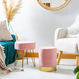 Harbour Housewares 2 Piece Velvet Footstools Set - Pink - Round Luxe Living Room Bedroom Dressing Table Accent Pouffe - thumbnail 5