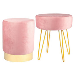 Harbour Housewares 2 Piece Velvet Footstools Set - Pink - Round Luxe Living Room Bedroom Dressing Table Accent Pouffe - thumbnail 1