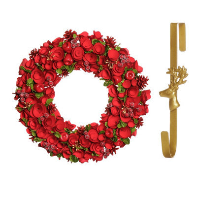 Dibor 42Cm Extra Large Red Rose Front Door Christmas Wreath With Deer Wreath Hanger - image 1