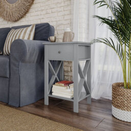 Urbn-Living Urbnliving 60Cm Height 2 Pcs Grey Wooden 1-Drawer Bedside Sofa Side End Table X-Frame Nightstand With Storage Shelf - thumbnail 3